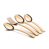Glossy rose gold cutlery set—fork and three spoons—displayed on a clean white background.